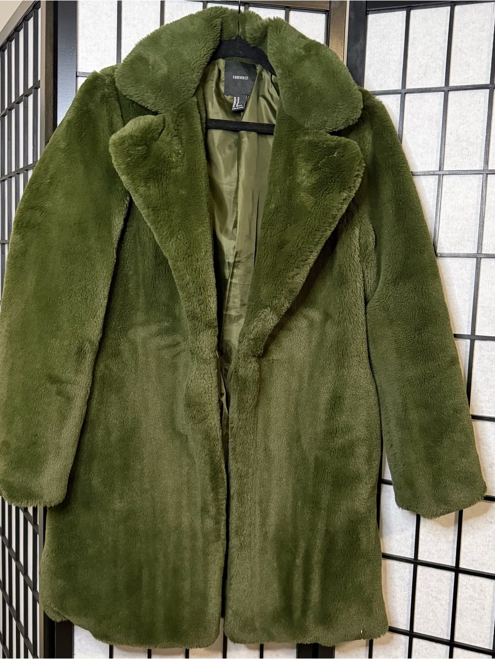 Forever 21 Olive Green Teddy Faux Fur Coat Medium